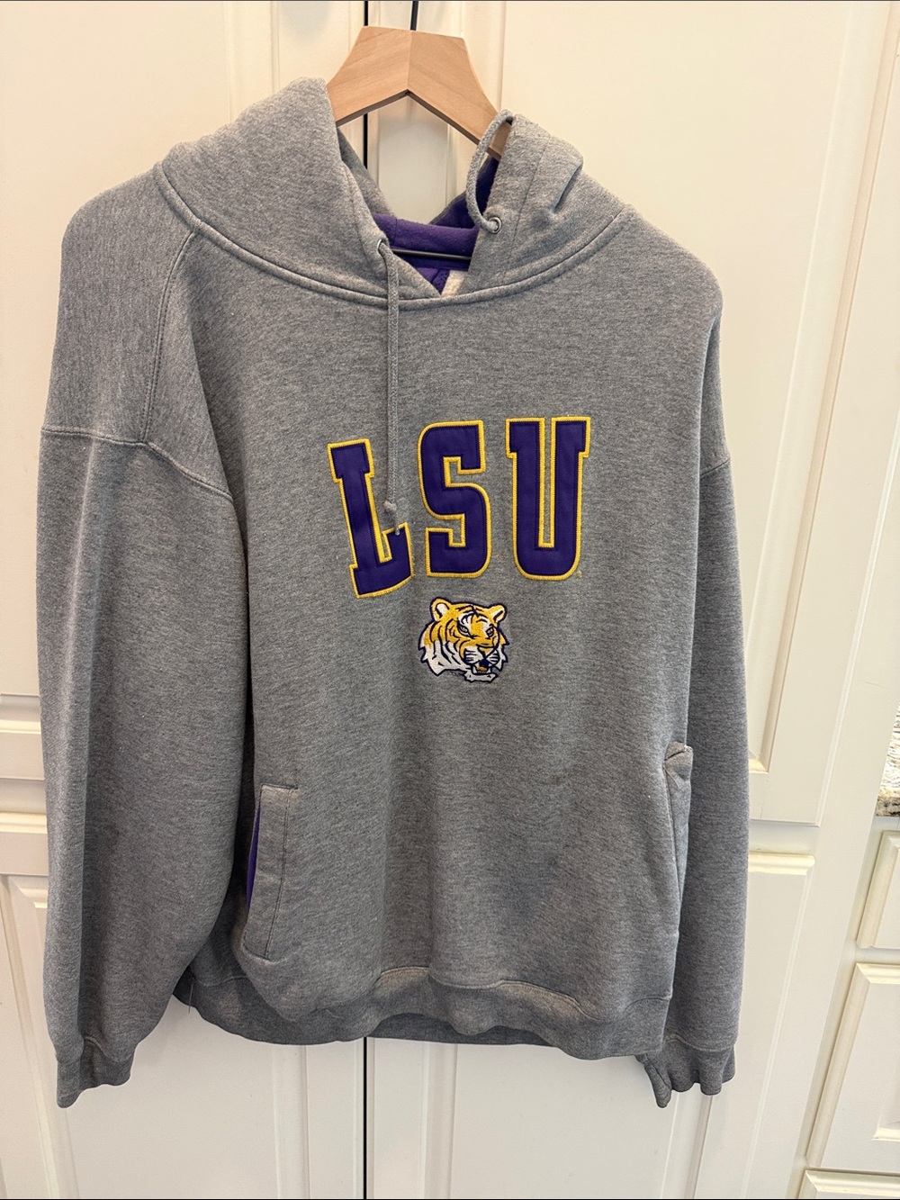 Champion Gray LSU Crewneck Hoodie with Purple & Gold Accents